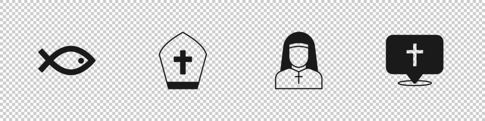 Fototapeta premium Set Christian fish symbol, Pope hat, Nun and Location church building icon. Vector