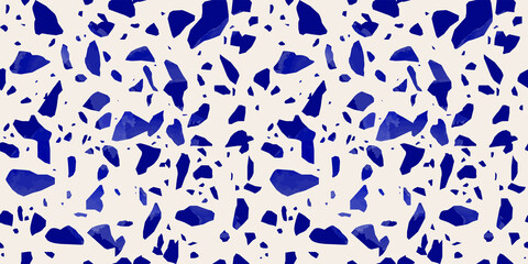 Blue terrazzo flooring seamless pattern with colorful marble rocks. Realistic interior material background of mosaic stone. Trendy fashion print wallpaper for textile project or web backdrop.