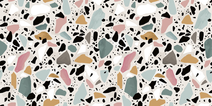 Terrazzo flooring seamless pattern with colorful marble rocks. Realistic interior material background of mosaic stone. Trendy fashion print wallpaper for textile project or web backdrop.