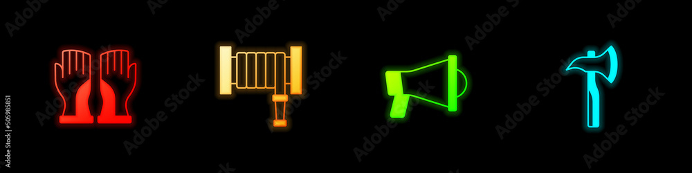 Sticker Set Firefighter gloves, hose reel, Megaphone and axe icon. Vector