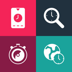 Set pop art World time, Stopwatch, Magnifying glass with clock and Alarm app mobile icon. Vector