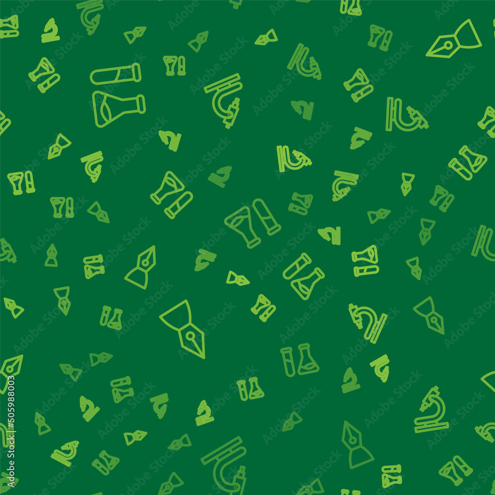 Poster set line test tube and flask, fountain pen nib and microscope on seamless pattern. vector
