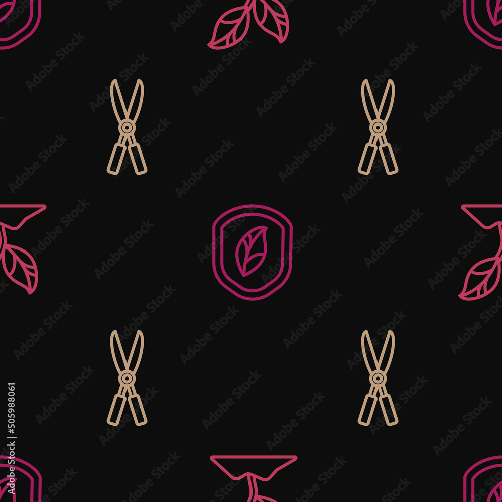 Poster set line plant, gardening handmade scissors and shield with leaf on seamless pattern. vector