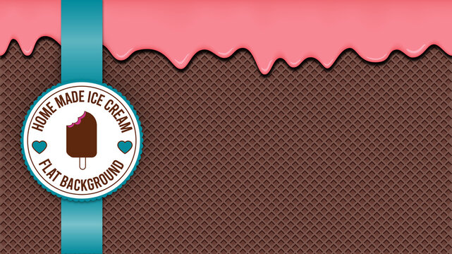 brown chocolate waffle ice cream cone background with pink candy drip