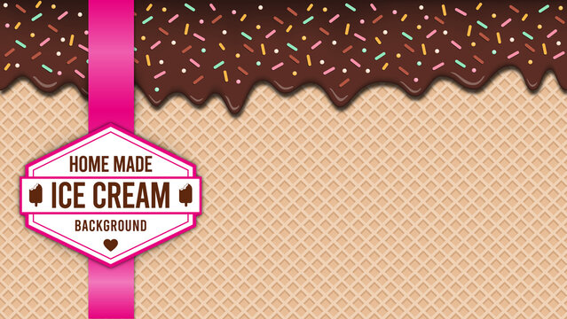 Vanilla waffle ice cream cone background with pink candy drip and sprinkles