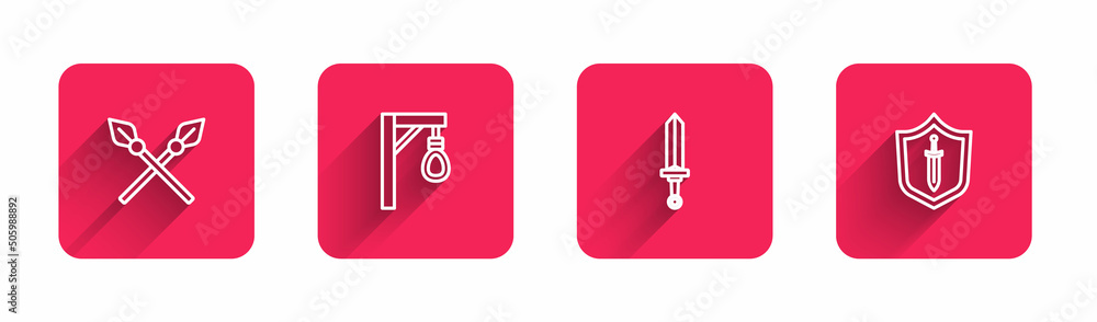 Poster set line crossed medieval spears, gallows, medieval sword and shield with with long shadow. red squa