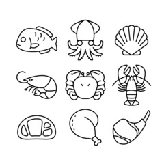 Fresh food icon set simple design, fresh meat and seafood drawing in black lines on white background.