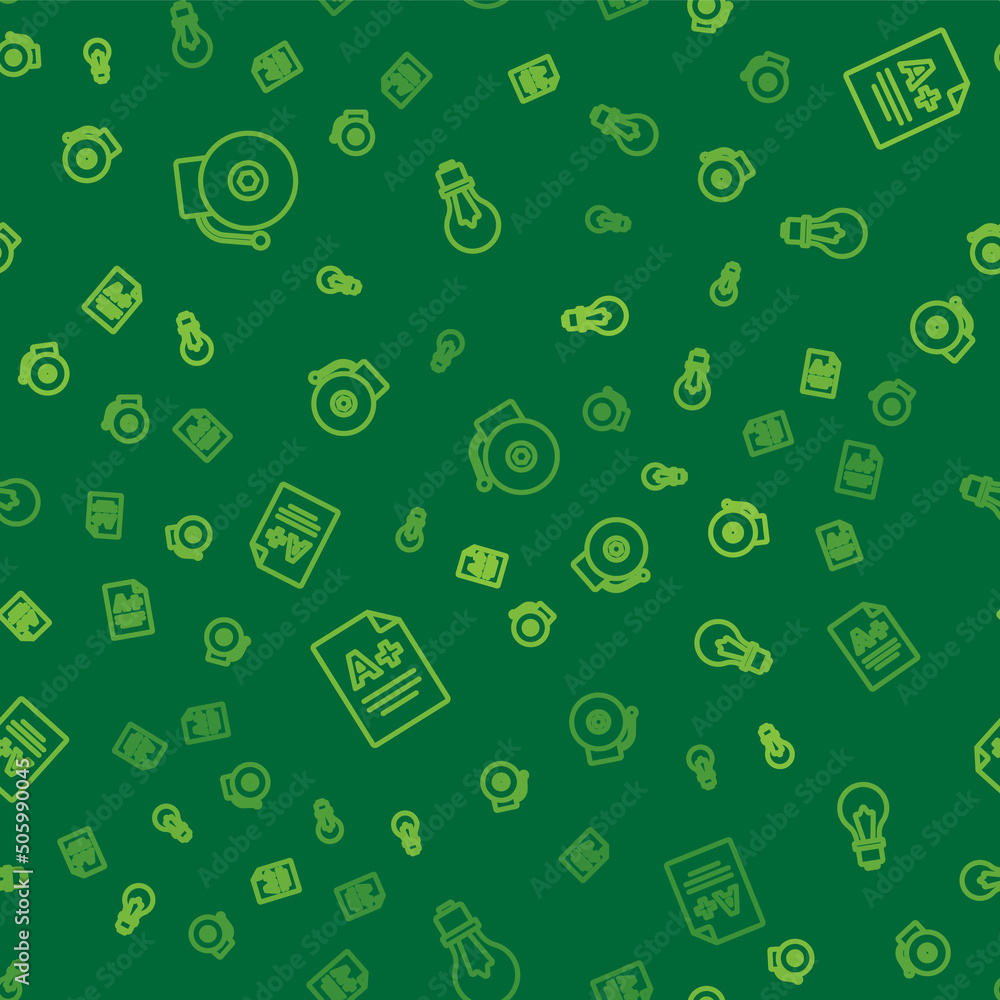 Poster set line ringing alarm bell, exam sheet with a plus grade and light bulb idea on seamless pattern. v