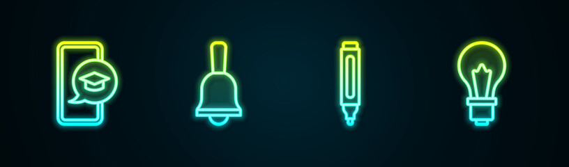 Set line Graduation cap on mobile, Ringing bell, Marker pen and Light bulb with idea. Glowing neon icon. Vector