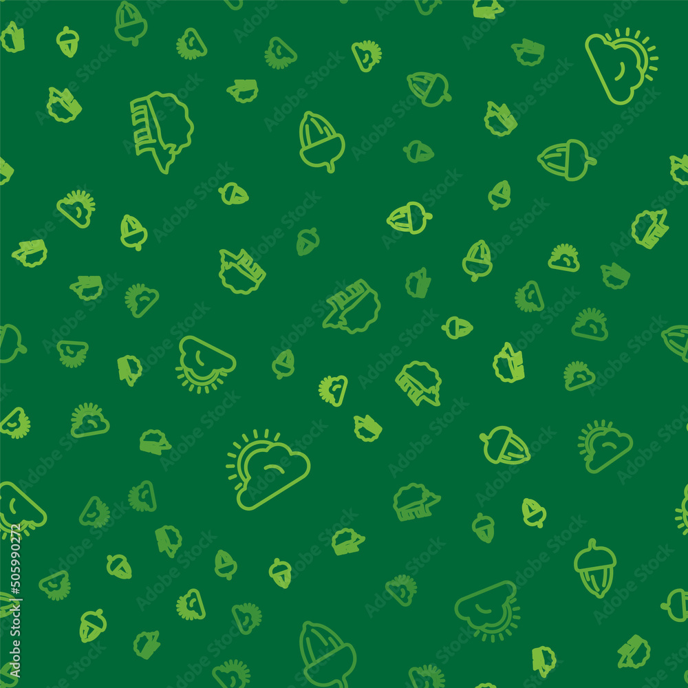 Poster set line hedgehog, sun and cloud weather and acorn on seamless pattern. vector