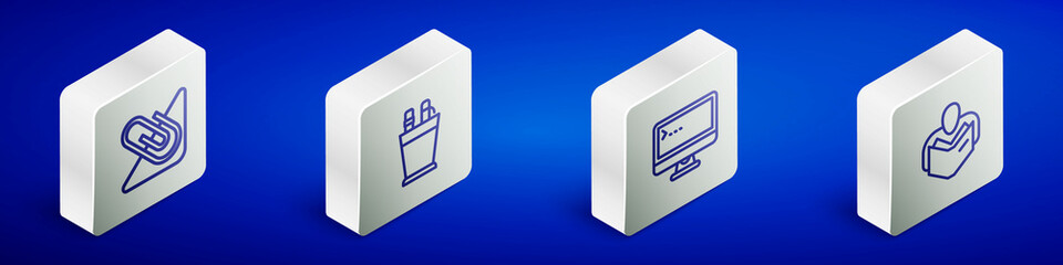 Set Isometric line Paper clip, Pencil case stationery, Computer monitor and Man reading book icon. Vector