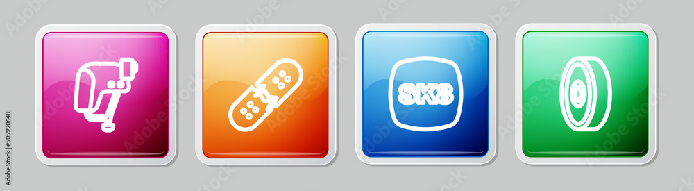 Sticker set line skateboard helmet, broken skateboard deck, and ball bearing. colorful square button. vector