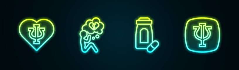 Set line Psychology, Psi, Broken heart or divorce, Sedative pills and . Glowing neon icon. Vector