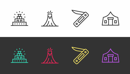 Set line Chichen Itza in Mayan, Volcano eruption, Swiss army knife and Tourist tent on black and white. Vector