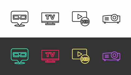 Set line 3D cinema glasses, Smart Tv, Hd movie, tape, frame and Movie, film, media projector on black and white. Vector