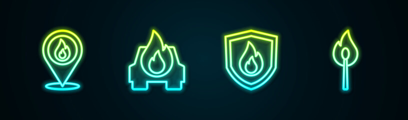 Set line Location with fire flame, Burning car, Fire protection shield and match. Glowing neon icon. Vector