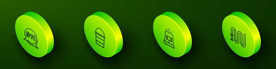 Set Isometric line Emergency call 911, Fire bucket, Flasher siren and hose reel icon. Vector