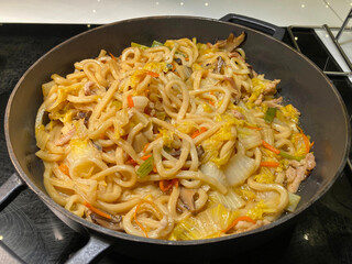 Chinese food, Noodles with vegetables in pan