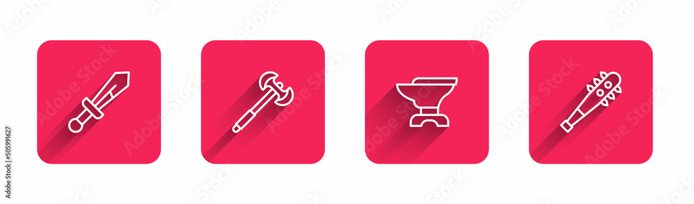Poster set line medieval sword, poleaxe, anvil for blacksmithing and mace with spikes with long shadow. red