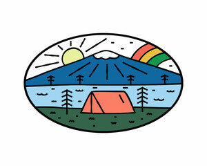 camping and rainbow sky nature wildlife flat design for badge, sticker, patch, t shirt design, etc