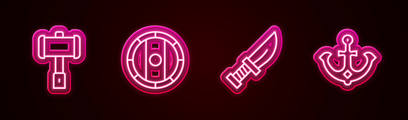 Set line Battle hammer, Shield viking, Dagger and Anchor. Glowing neon icon. Vector