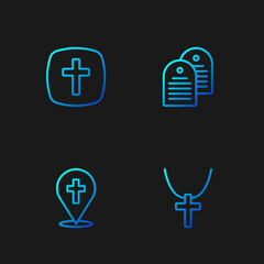 Set line Christian cross on chain, Location church building, and Holy bible book. Gradient color icons. Vector