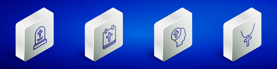 Set Isometric line Grave with tombstone, Calendar Easter, Priest and Christian cross chain icon. Vector