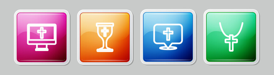 Set line Christian cross on monitor, chalice, Location church building and chain. Colorful square button. Vector