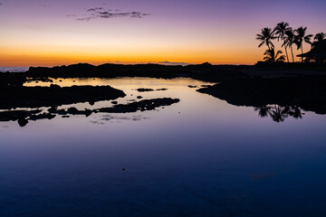 Sunset Rreflection on The Keiki Beach Queens Bath, Kailua-Kona, Hawaii Island, Hawaii, USA