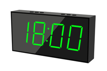 Vector flat illustration of a digital clock displaying 18.00 . Illustration of alarm with digital number design. Clock icon for hour, watch, alarm signs.