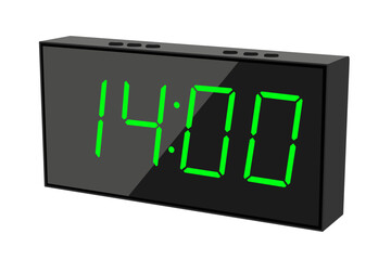 Vector flat illustration of a digital clock displaying 14.00 . Illustration of alarm with digital number design. Clock icon for hour, watch, alarm signs.