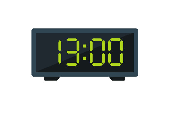 Vector flat illustration of a digital clock displaying 13.00 . Illustration of alarm with digital number design. Clock icon for hour, watch, alarm signs.