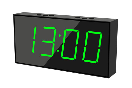 Vector flat illustration of a digital clock displaying 13.00 . Illustration of alarm with digital number design. Clock icon for hour, watch, alarm signs.