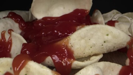 Camera Moving White Vegetable Chips With Ketchup - Powered by Adobe