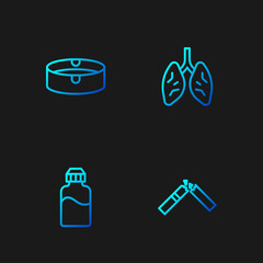 Set line Broken cigarette, Vape liquid bottle, Ashtray and Lungs. Gradient color icons. Vector