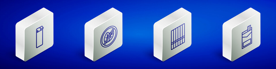 Set Isometric line Lighter, No tobacco leaf, Cigarette and Cigarettes pack box icon. Vector