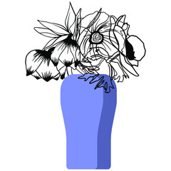 Flowers in vase. Line art, illustration. 