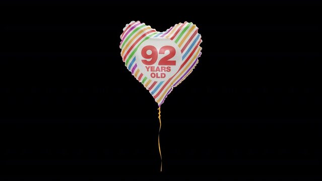 Birthday Celebration Helium Balloon.92 Years Old. Loop Animation. Alpha Channel Prores 4444.