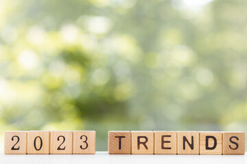 2023 trend concept. Wooden cube with 2023, TRENDS text. Beautiful grey background, copy space. Used for banner in trend concept in new year for monitoring new business opportunities.