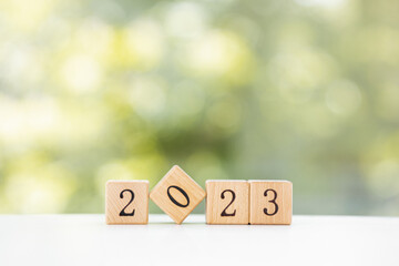 Business planning in 2023 concept. Wooden cubes with the letters 2023 and goal icon for business...