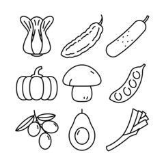 Fresh food icon set simple design, fresh vegetable and fruit drawing in black lines on white background.