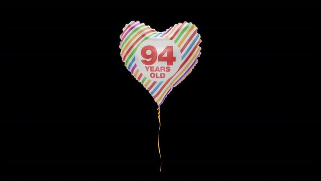 Birthday Celebration Helium Balloon. 94 Years Old. Loop Animation. Alpha Channel Prores 4444.