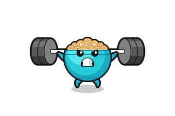 cereal bowl mascot cartoon with a barbell
