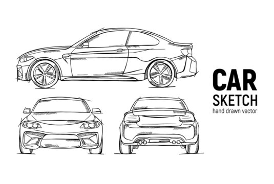 Hand drawn sketch car vector set. Front, back and side view. Sedan car. Pencil design.