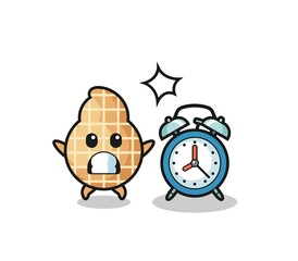 Cartoon Illustration of peanut is surprised with a giant alarm clock