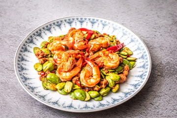 Traditional southern Thai food recipe, popular in Thailand, Stir fried Sato with shrimps paste, selective focus.