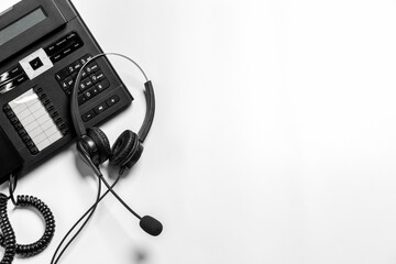 Headset and customer support equipment at call center ready for actively service , Communication support, call center and customer service help desk.for (call center) concept .