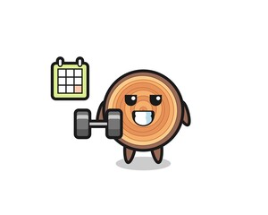 wood grain mascot cartoon doing fitness with dumbbell