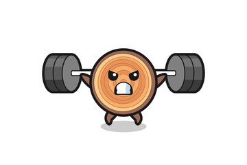 wood grain mascot cartoon with a barbell