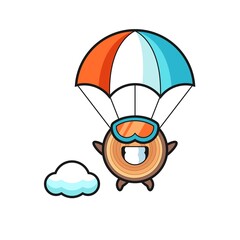 wood grain mascot cartoon is skydiving with happy gesture